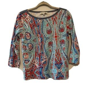 Jones New York Womens Size Large Multicolor Paisley Print Blouse Stretch Top